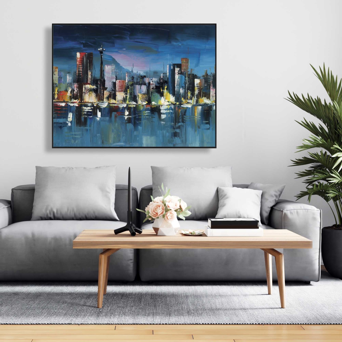 C1FC3648B4EABD 36 x 48 in. Abstract Blue Cityscape by Night - Yellow Cities Framed Canvas