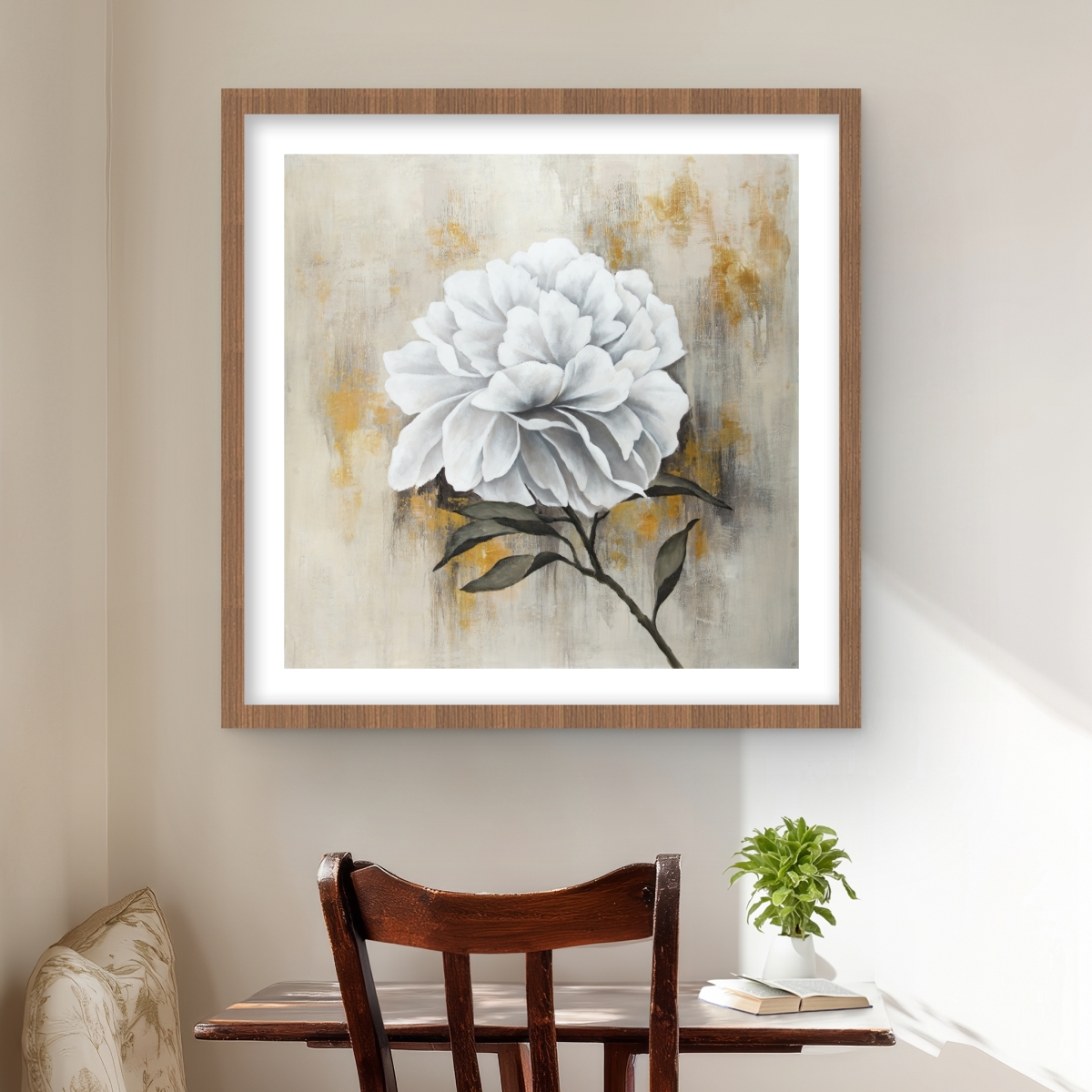 C1FM24249RAA65 24 x 24 in. White Peony Floral Print Wall Art - Beige Framed Matted Decor