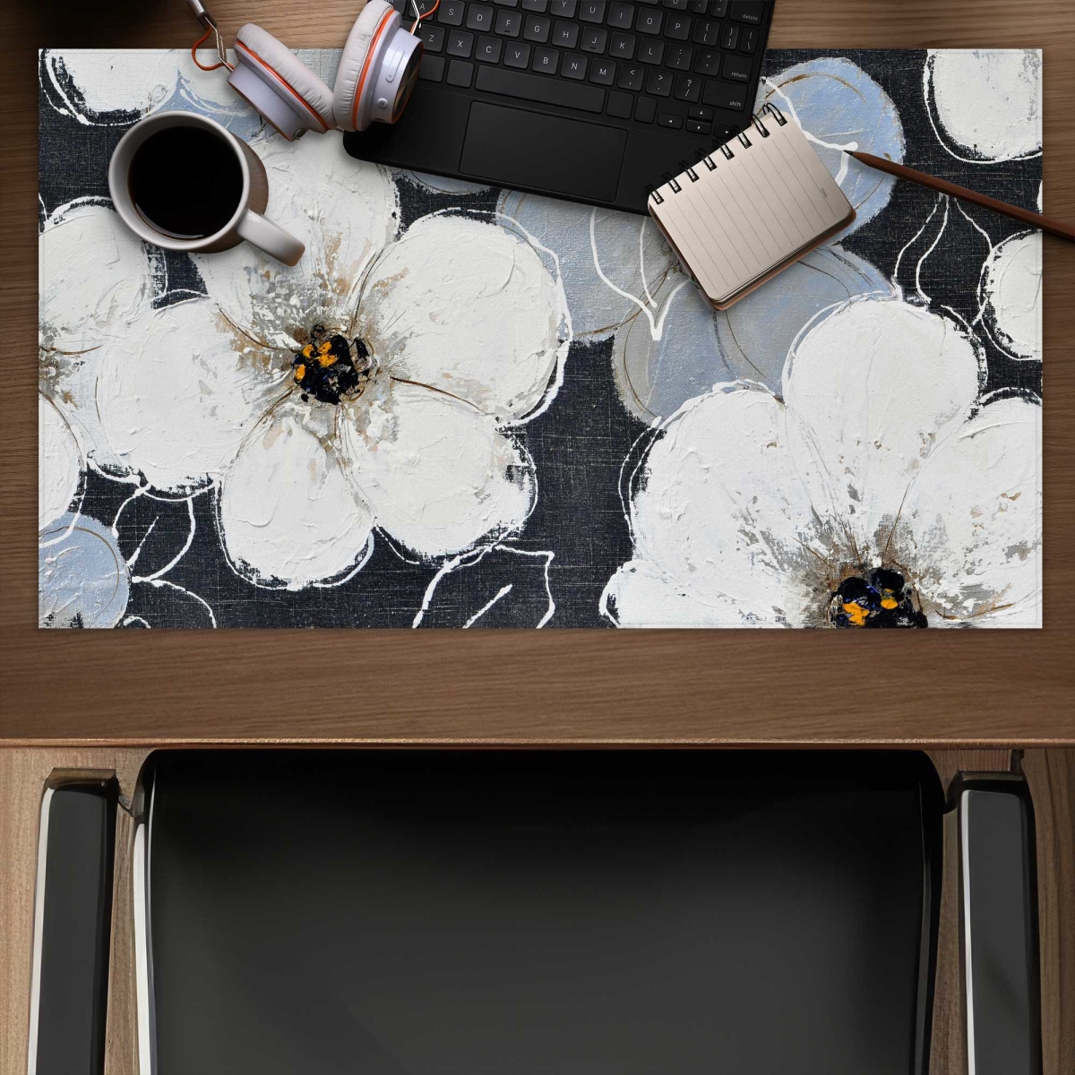 C1DM1424KEBQYC 14 x 24 in. White Flowers with Leaves Outlines - Contemporary Gaming Desk Mat