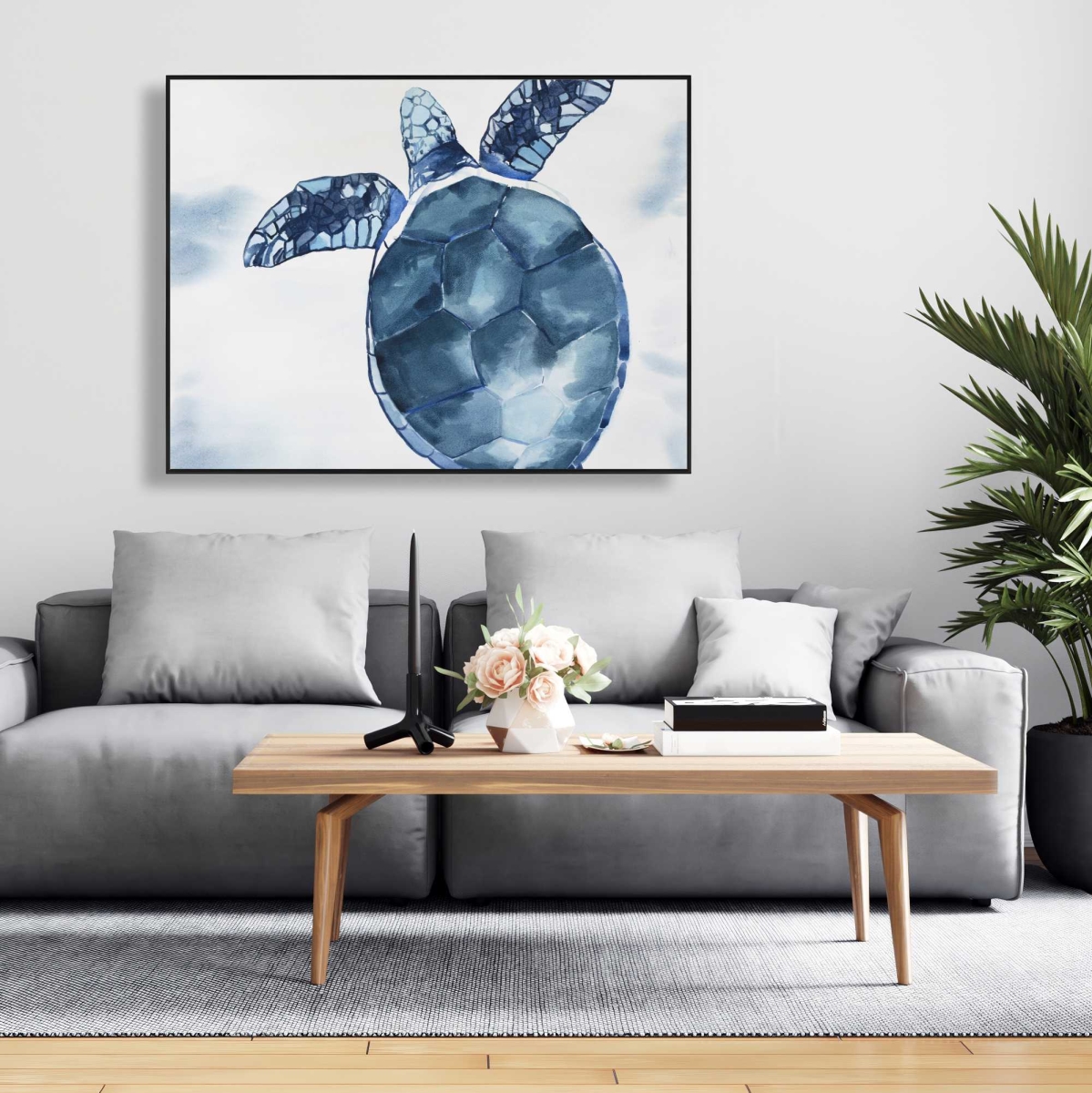 C1FC3648FELY60 36 x 48 in. Watercolor Blue Turtle - Coastal Classic Blue Framed Canvas