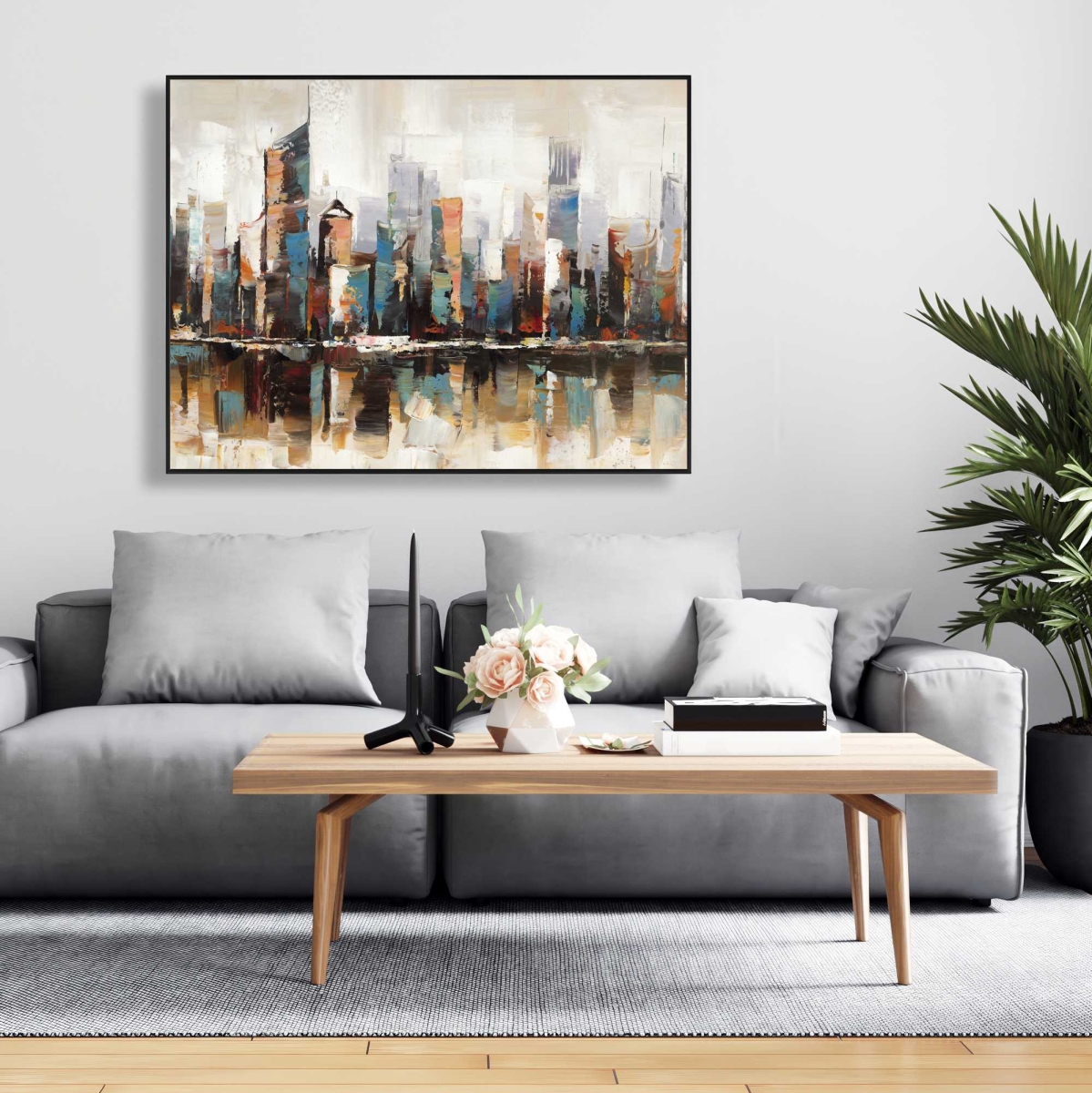 C1FC3648T49NWS 36 x 48 in. Abstract Buildings with Textures - Beige Framed Canvas Art