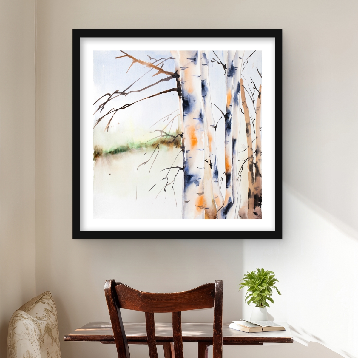 C1FM2424G2OA7L 24 x 24 in. Birchs Trunks - Trees Blue Framed Matted Print Wall Art - Home Decor