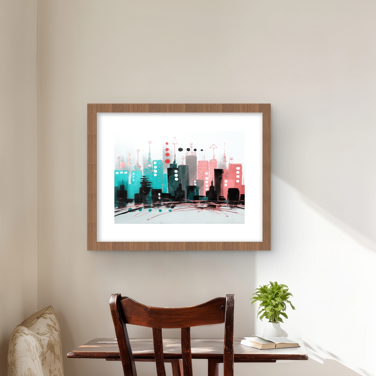 C1FM16200O4AJD 16 x 20 in. Cityscape with Rose Gold Colors - Turquoise Framed Print Wall Art