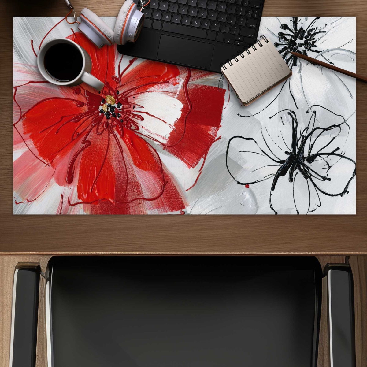 C1DM14241N8QBQ 14 x 24 in. Red & Gray Flowers Gray Bedroom Gaming Desk Mat for Home Decor