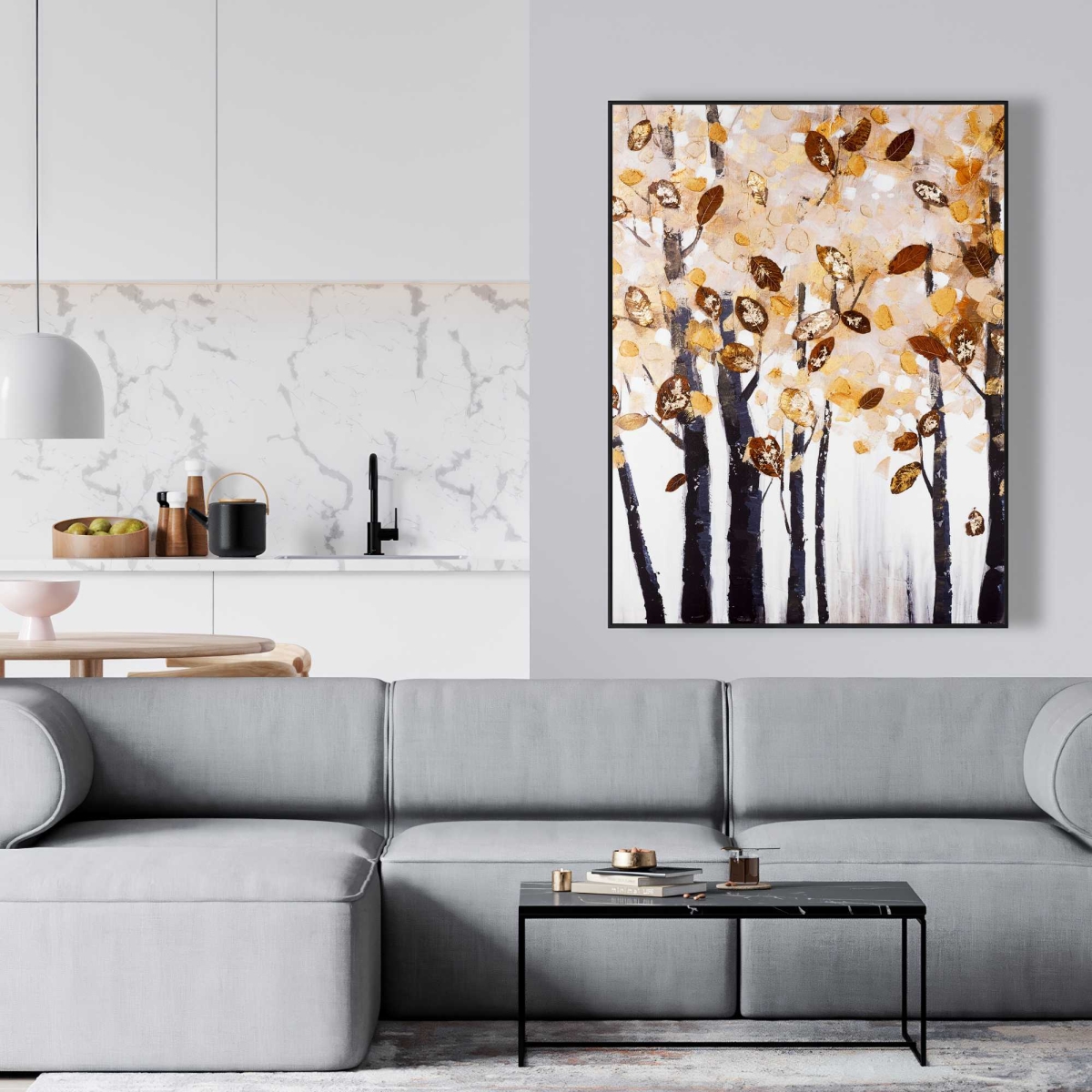 C1FC3648PM2FXL 36 x 48 in. Texturized Leaves Trees - Beige Living Room Framed Canvas