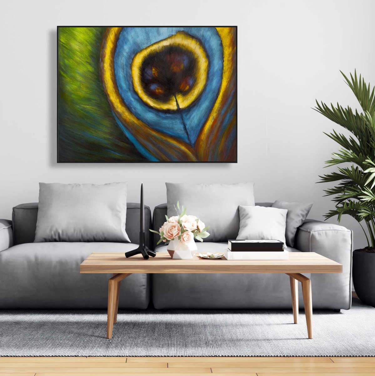 C1FC364851I89V 36 x 48 in. Peacock Feather Closeup - Yellow Exotic Framed Canvas Art