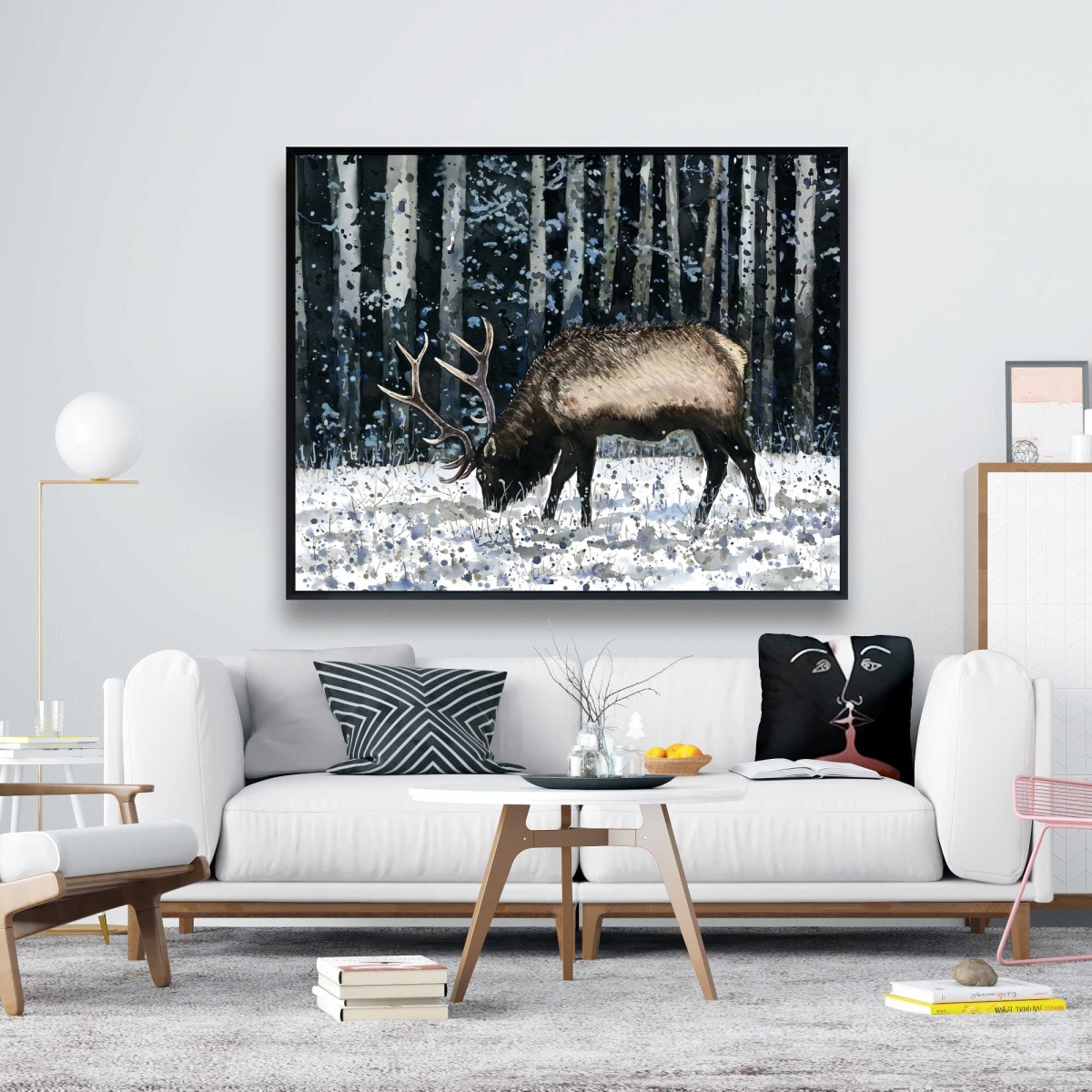 C1FC4860F76NB1 48 x 60 in. Caribou in the Winter Forest - Rustic Framed Canvas Decor