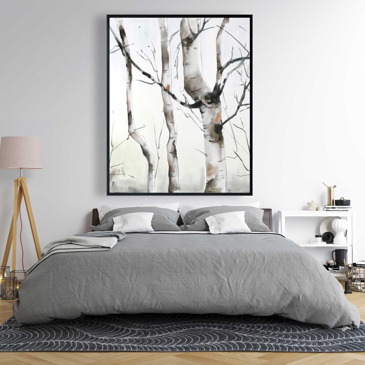 C1FC4860HISXKU 48 x 60 in. Three Birches Trees - Minimalist Landscapes Framed Canvas