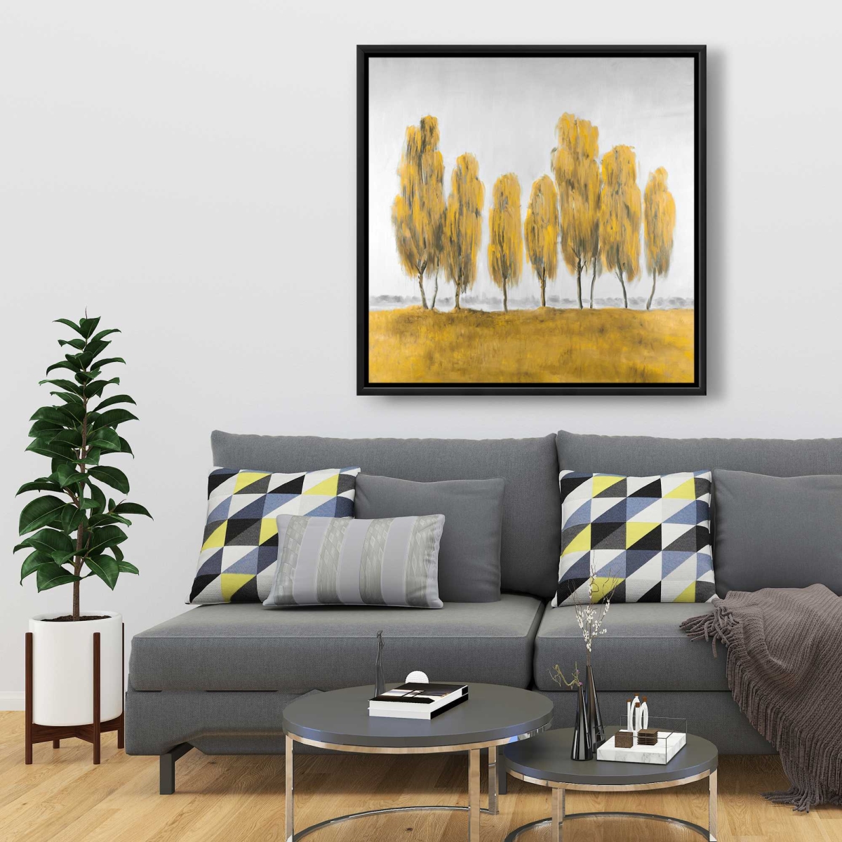 C1FC36360LYGKW 36 x 36 in. Seven Abstract Yellow Trees - Gray Trees Framed Canvas Art