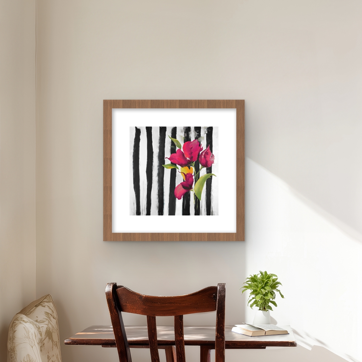 C1FM1616V1WRHL 16 x 16 in. Flowers On Black & White Stripes Wall Art - Shapes Floral Print