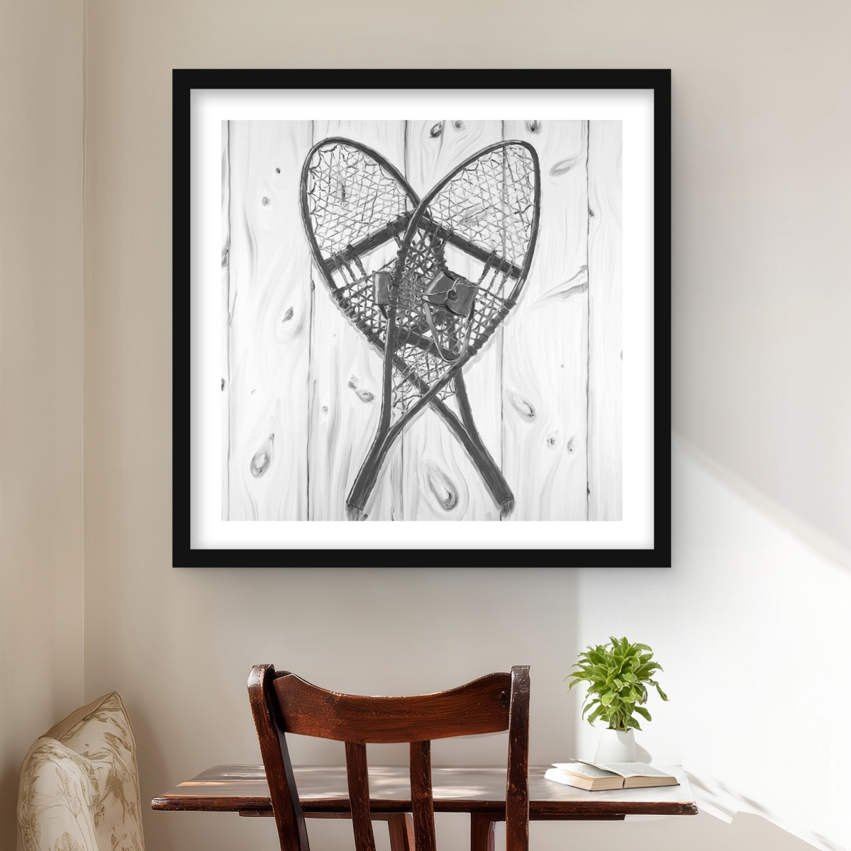 C1FM2424MPF1Z2 24 x 24 in. Vintage Monochrome Wood Snowshoes Print Wall Art - Home Decor Art