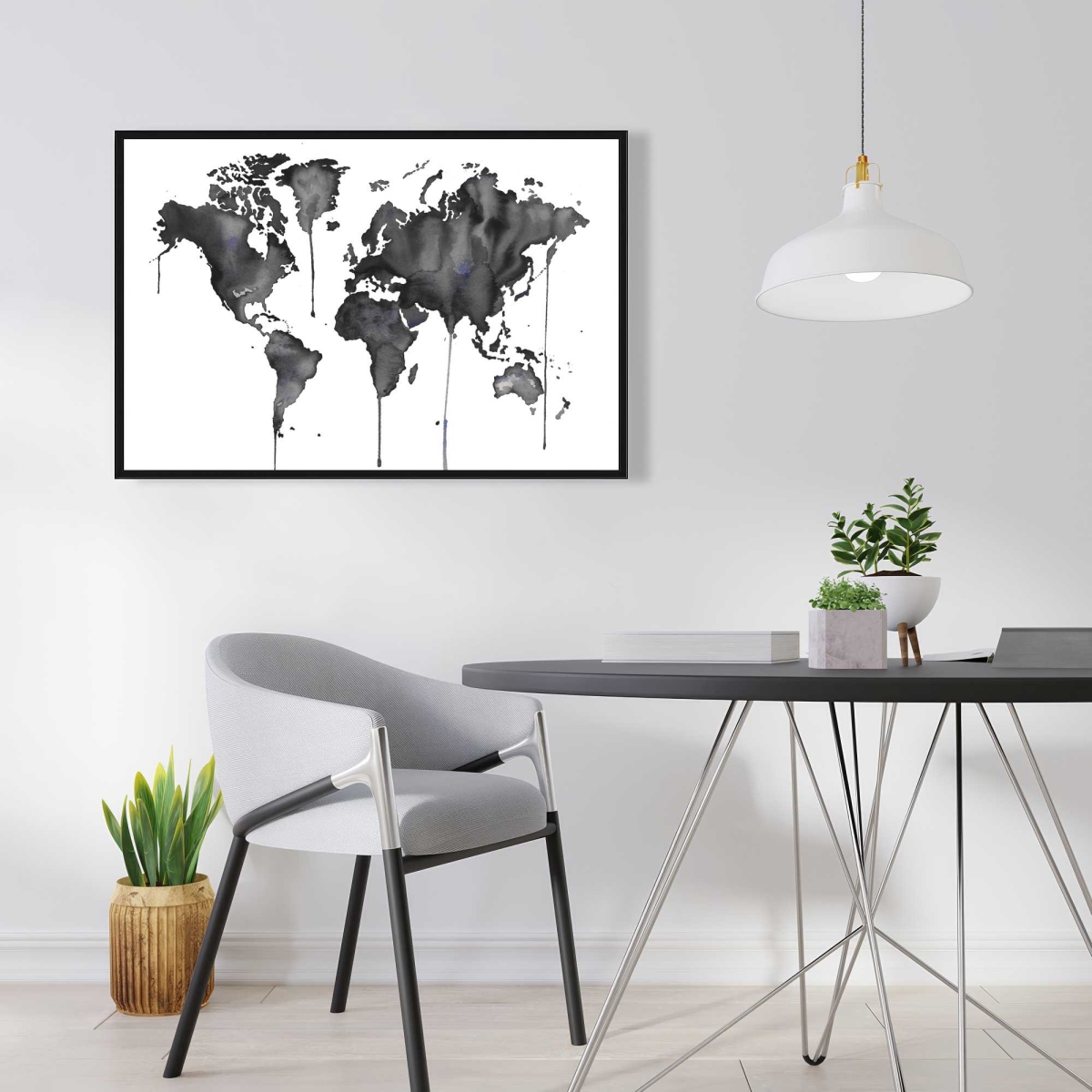 C1FC2436481A54 24 x 36 in. Watercolor World Map - Black & White Framed Canvas Decor