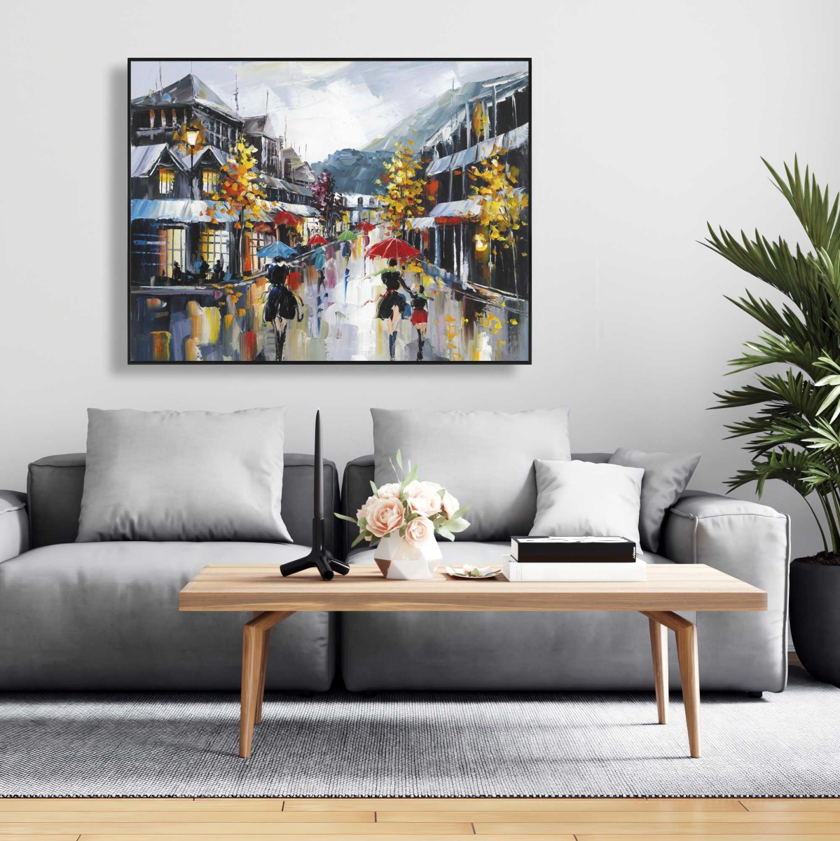C1FC3648BDKWLC 36 x 48 in. Passersby in the Street by Rainy Day of Fall - Black Canvas