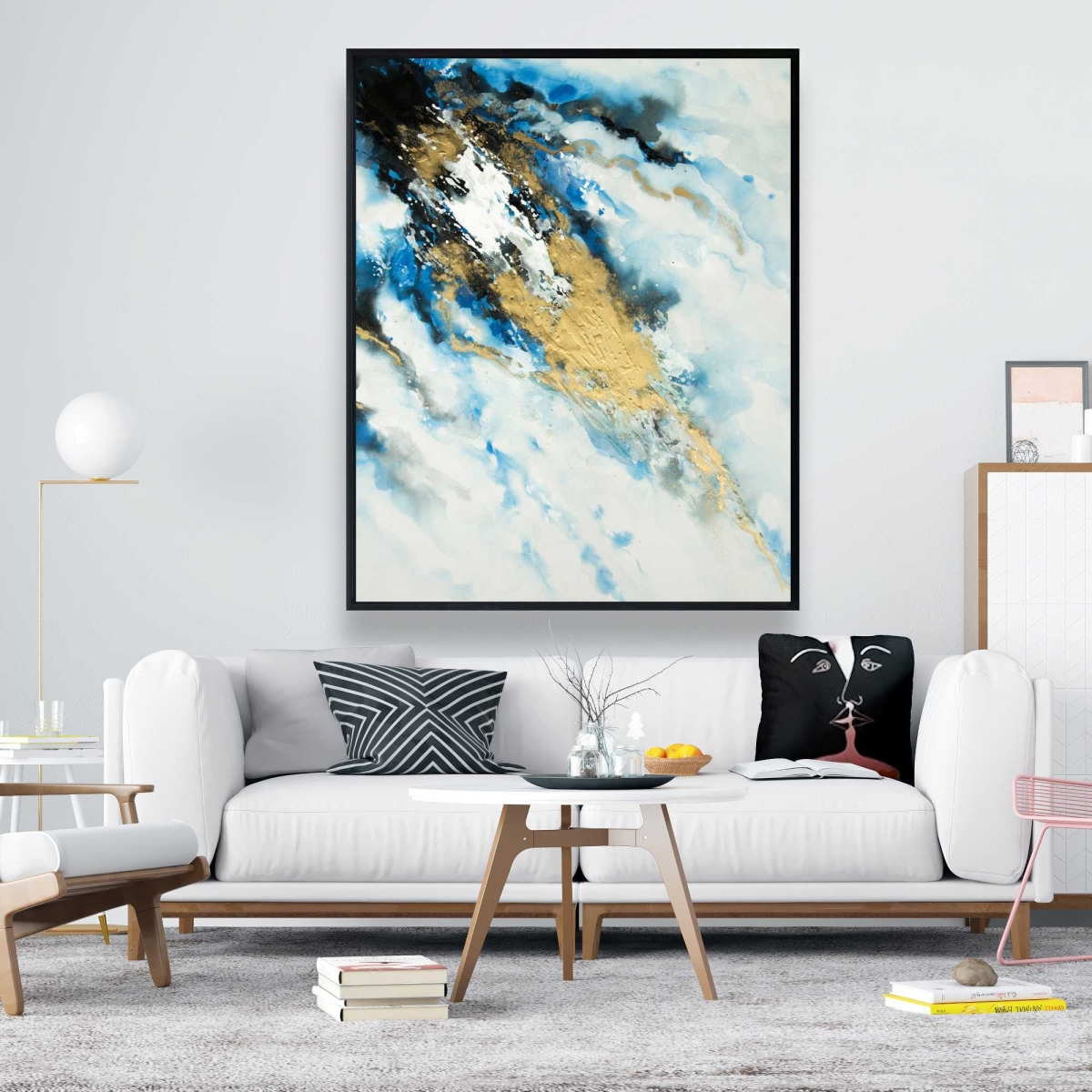 C1FC4860BDUV3A 48 x 60 in. Blue & Gold Marble Shapes Abstract Framed Canvas - Decor