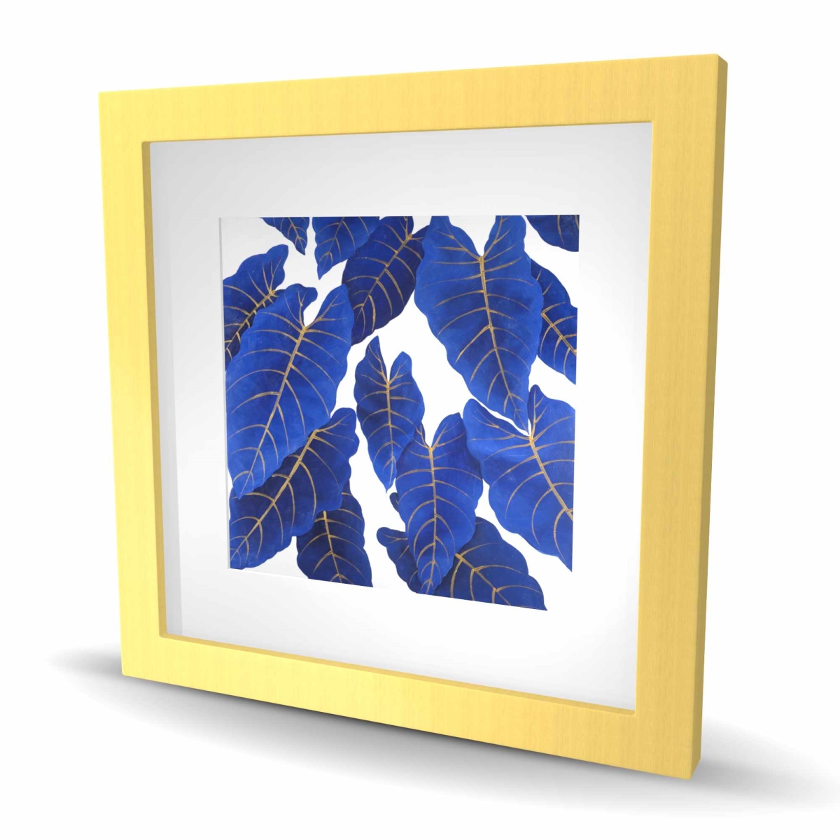 C1FM1616D64D9B 16 x 16 in. Tropical Abstract Blue Leaves - Classic Framed Matted Print Wall Art