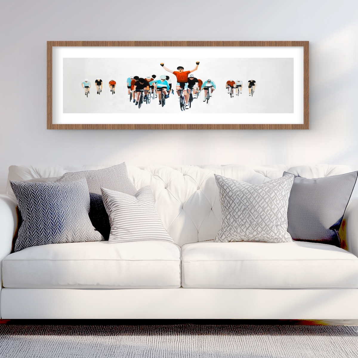 C1FM16486531CV 16 x 48 in. Cyclists At the End of A Race - White Hobbies Framed Print Wall Art