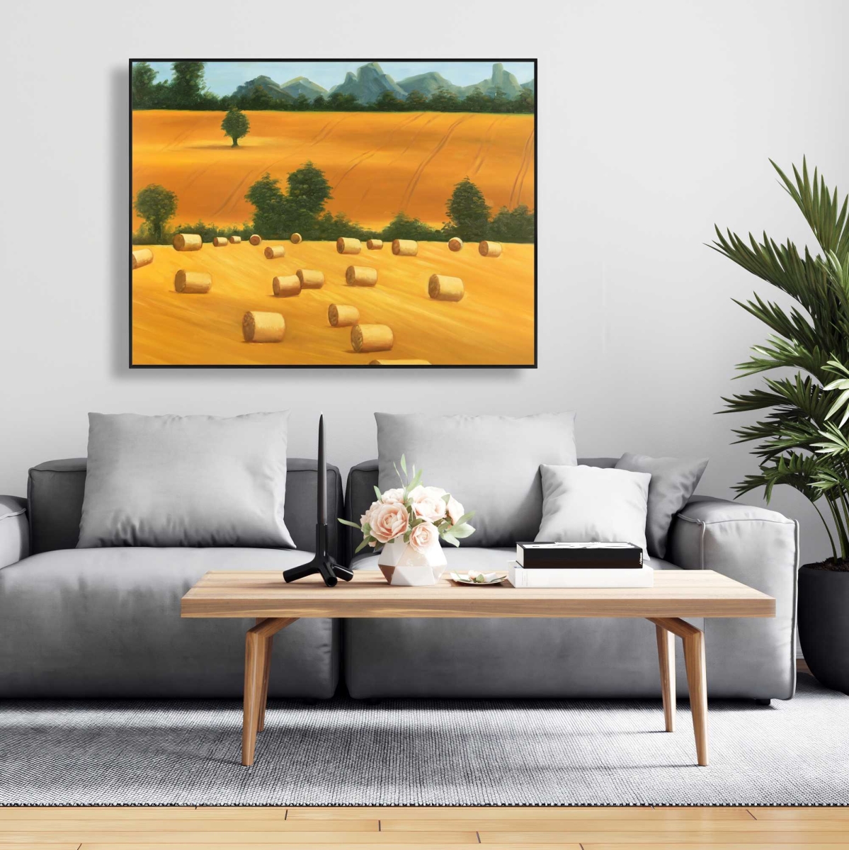 C1FC36485RN9V5 36 x 48 in. Hay Bale Fields - Yellow Framed Canvas - Home Decor Artwork