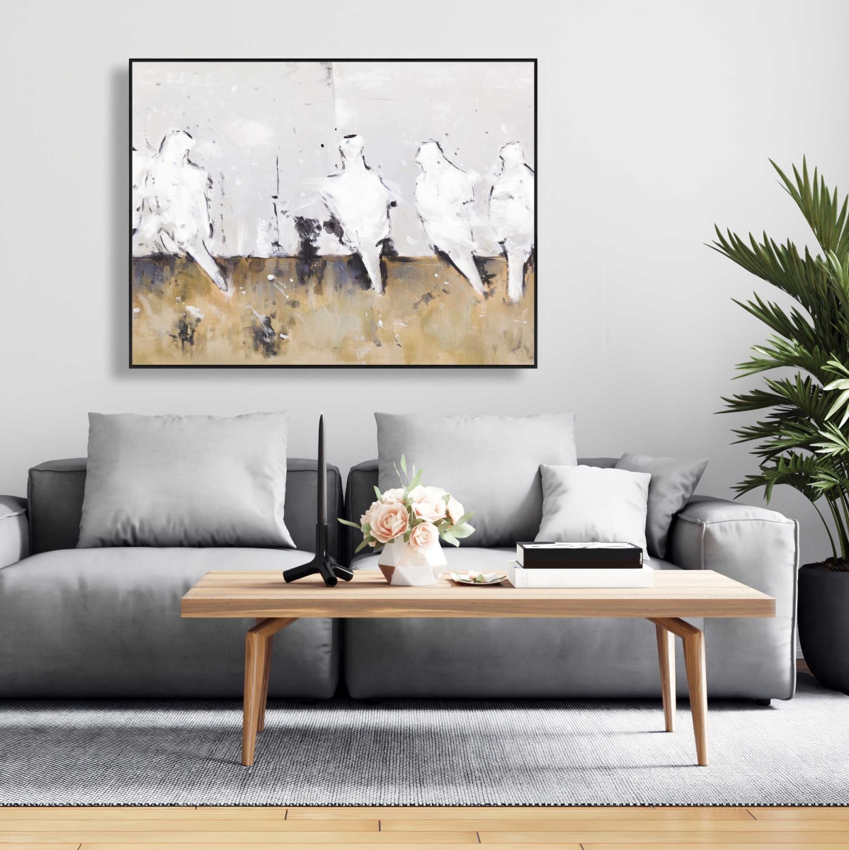 C1FC3648VMV9N0 36 x 48 in. Eight Perched Birds - Feathers Modern Framed Canvas Decor