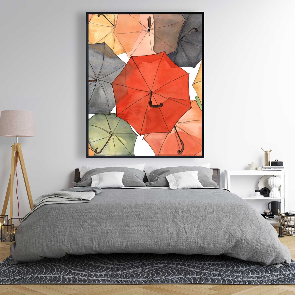 C1FC486002K8DW 48 x 60 in. The Umbrellas of Petit Champlain - Red Framed Canvas Art