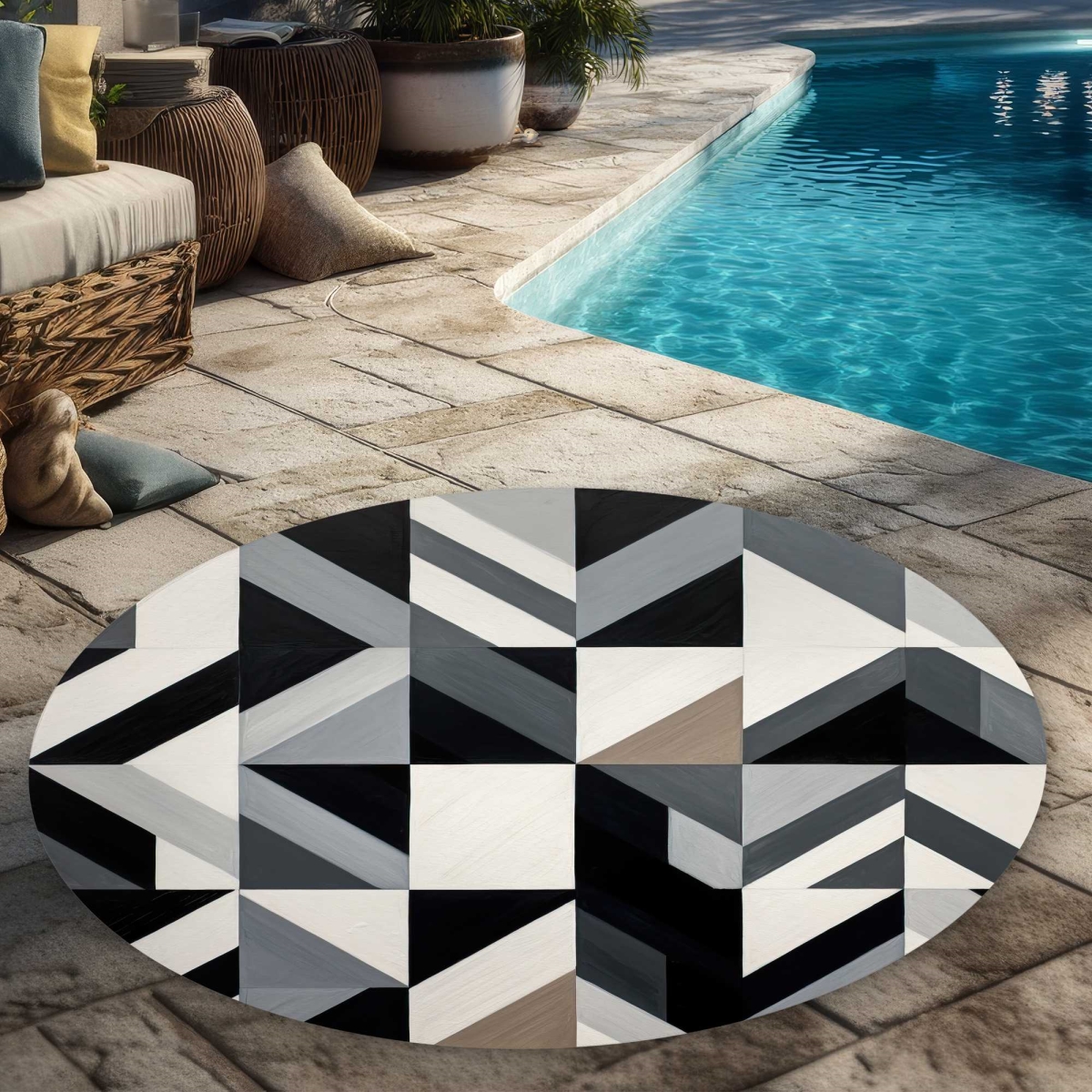 C1COAR55GWVNO9 5 x 5 ft. Grid Patterns Gray Round Outdoor Area Rug for Home Decor