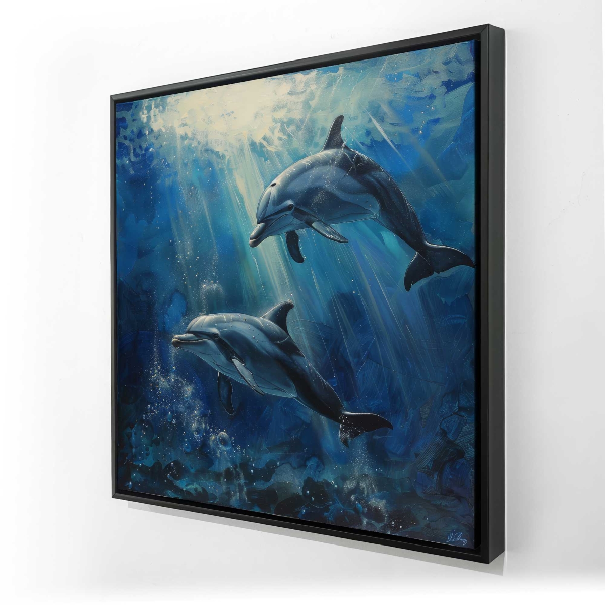 C1FC2424PLUF87 24 x 24 in. Dolphins Blue Framed Canvas - Elegant Home Decor Artwork