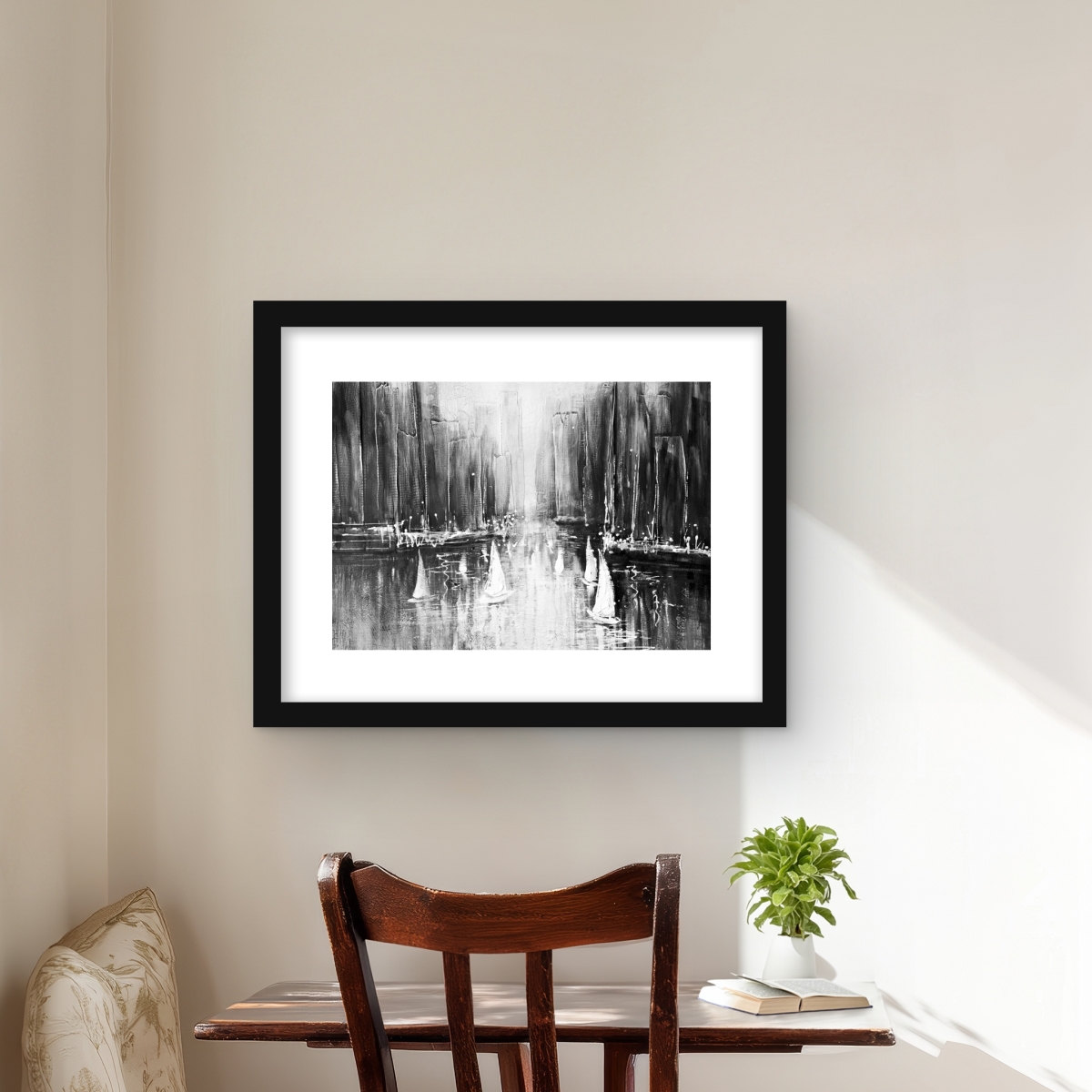 C1FM1620AJWNS2 16 x 20 in. Grayscale Boats on the Water - Boat White Framed Print Wall Art