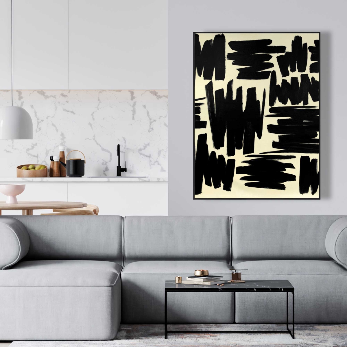 C1FC3648AT4Q6D 36 x 48 in. Deconstructed Stripes - Black Shapes Framed Canvas - Decor