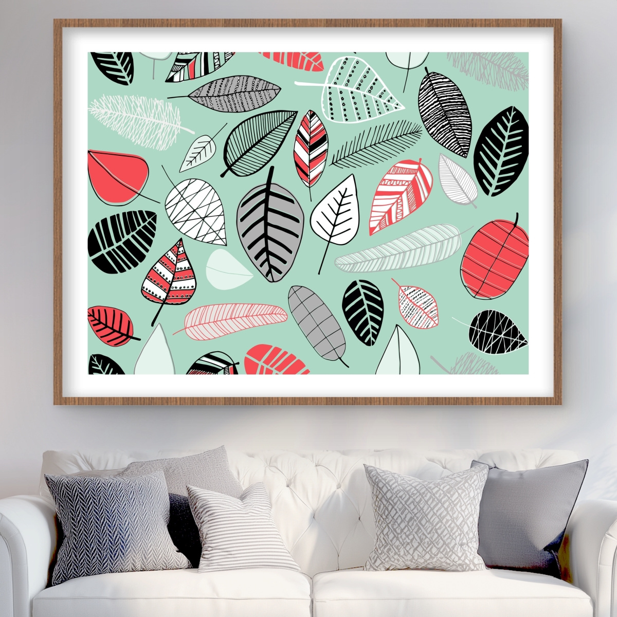 C1FM3648GNS8P6 36 x 48 in. Turquoise Leaf Patterns - Coral Leaves Framed Matted Print Wall Art