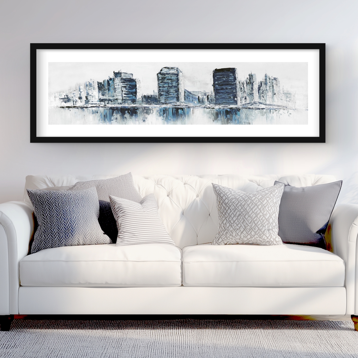 C1FM2060P1ASLL 20 x 60 in. Texturized Blue Cityscape Print Wall Art - Framed Matted Decor