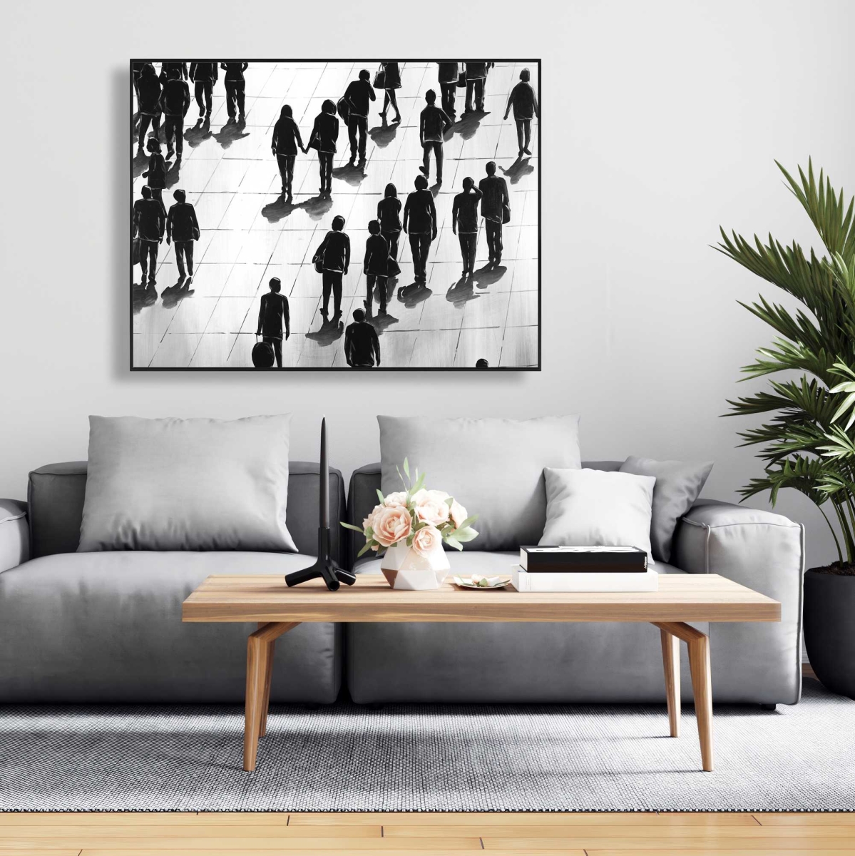 C1FC3648J1WQT0 36 x 48 in. Silhouettes of People on the Street - Gray Framed Canvas Art