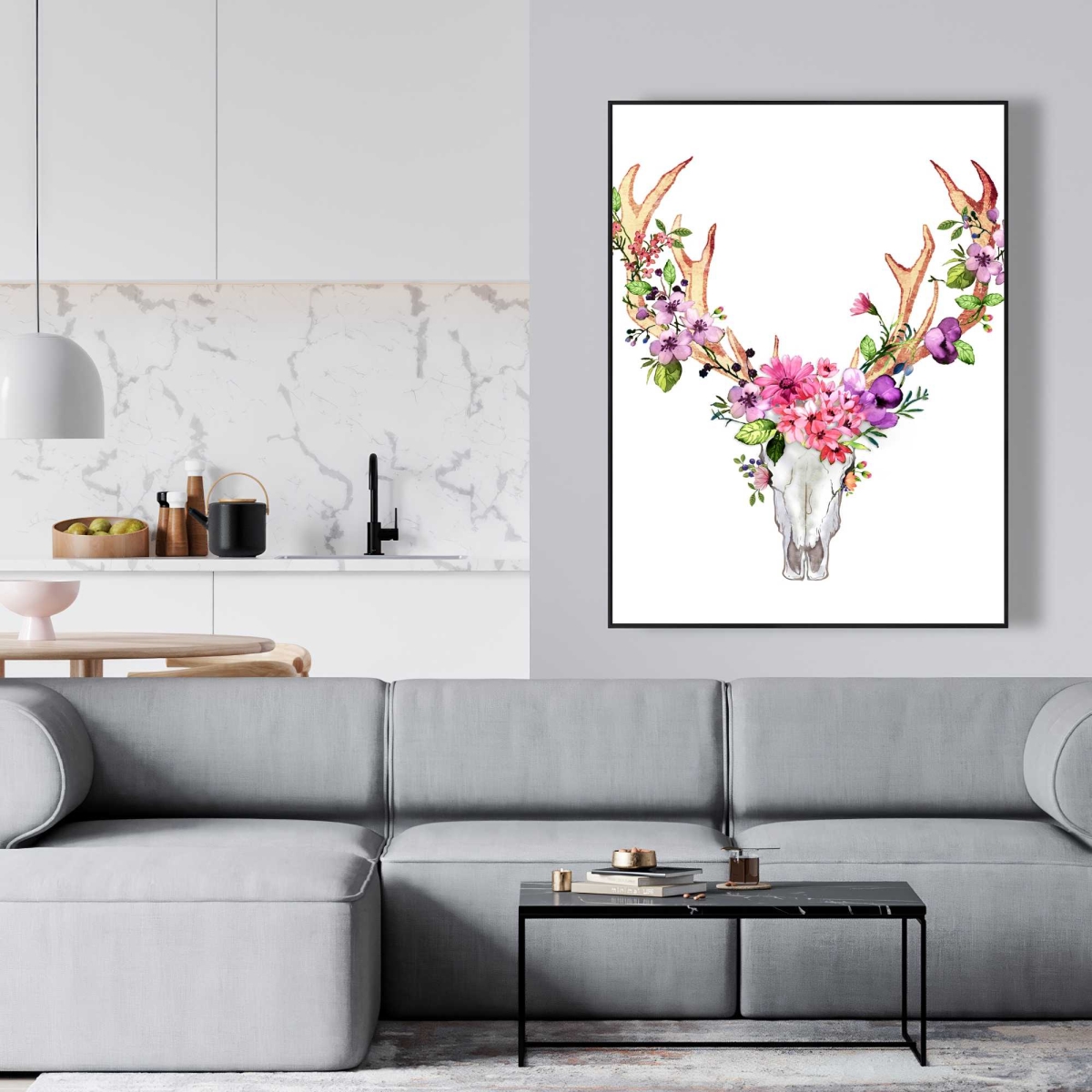 C1FC3648MEA735 36 x 48 in. Deer Skull with Flowers - Rustic Framed Canvas Home Decor
