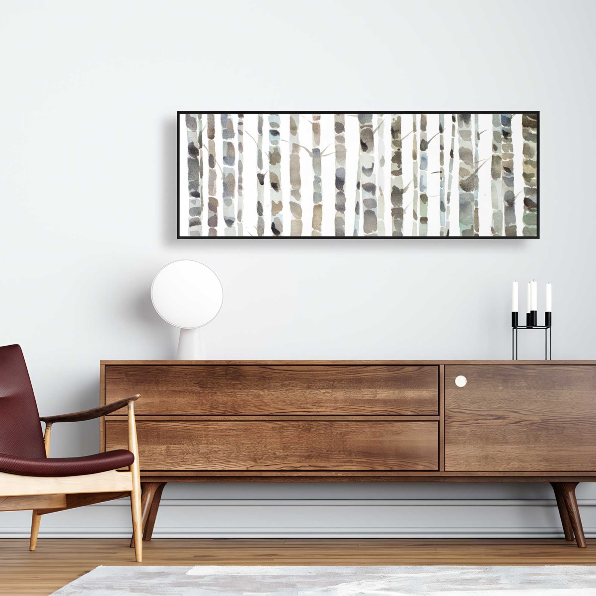 C1FC1648KEU3FJ 16 x 48 in. Watercolor Birch Tree Forest - Minimalist Blue Framed Canvas