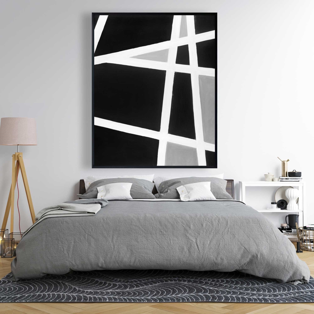 C1FC48604W179C 48 x 60 in. Black & White Abstract Lines - Gray Shapes Framed Canvas