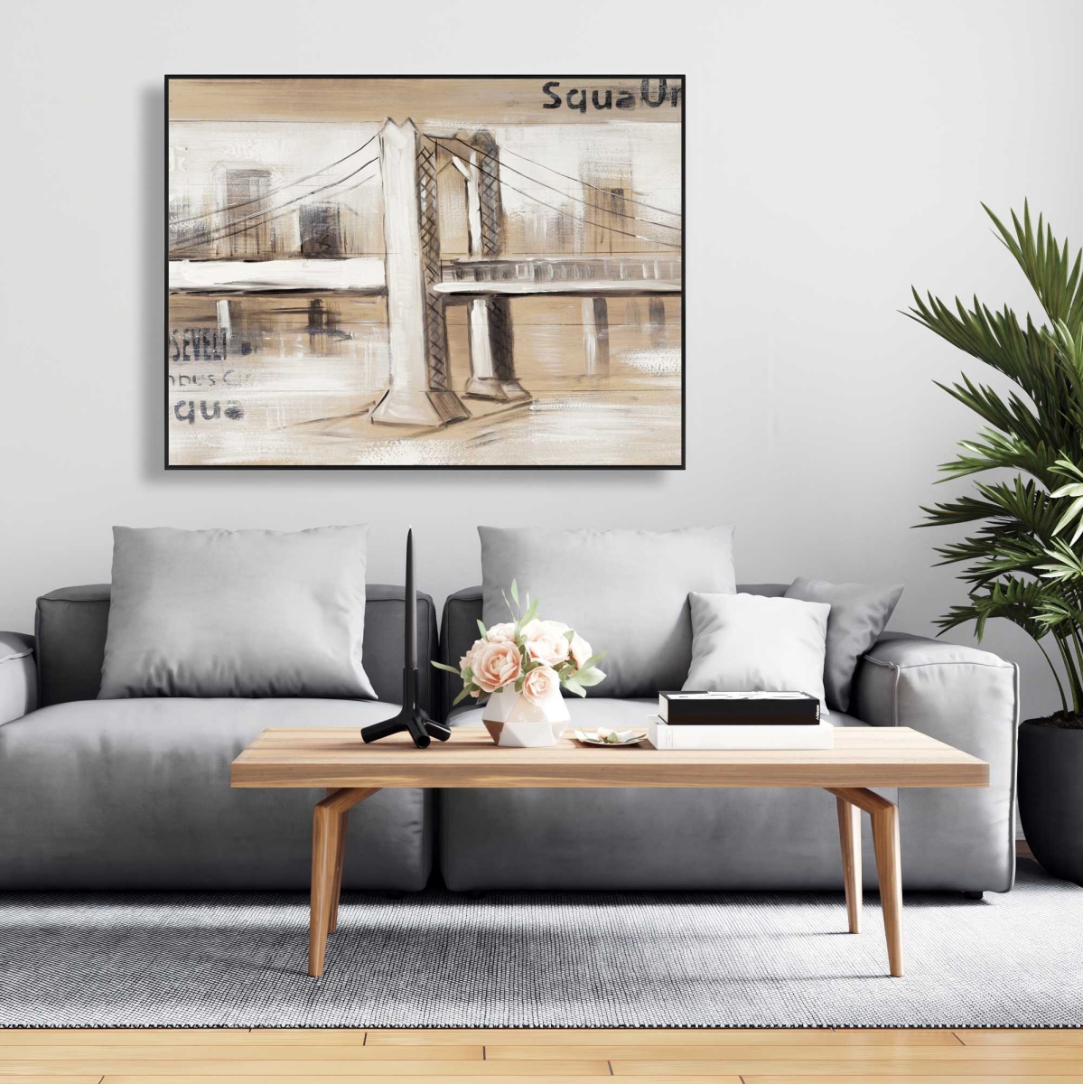 C1FC3648XV8Q84 36 x 48 in. Abstract Bridge with Typography - Brown Modern Framed Canvas