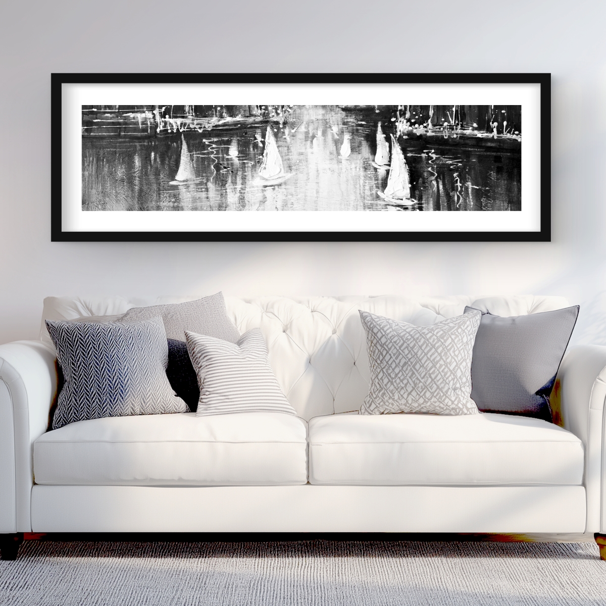 C1FM2060M19K2Y 20 x 60 in. Grayscale Boats on the Water - Office Marine Framed Print Wall Art