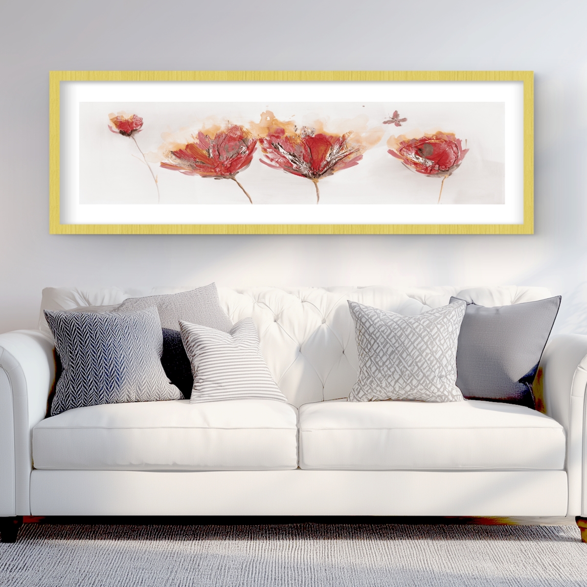 C1FM2060Q0N3KL 20 x 60 in. Crimson Flowers & Butterfly Wall Art - Beige Floral Matted Print