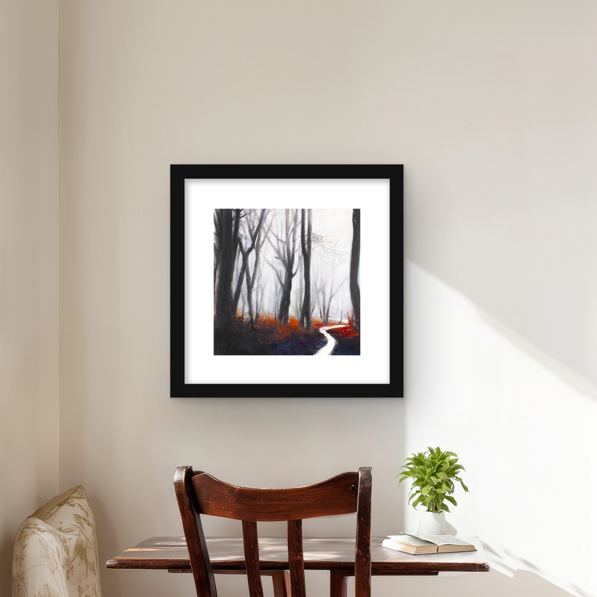 C1FM1616LESKDV 16 x 16 in. Mysterious Forest with Stream - Seasons Red Framed Print Wall Art