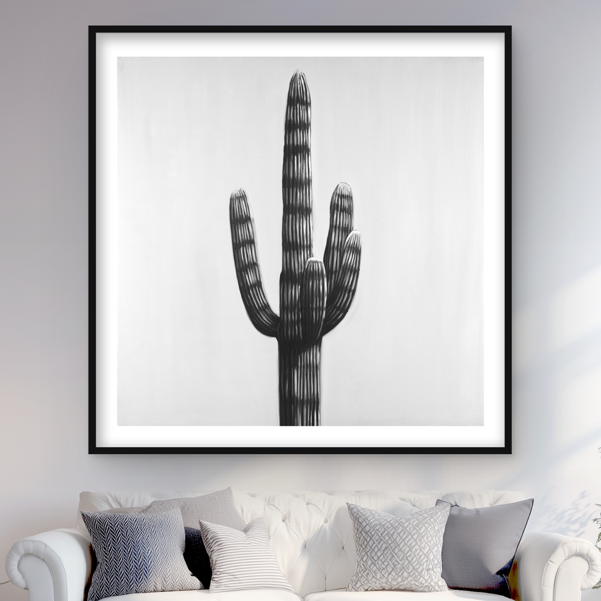 C1FM4848XW3RST 48 x 48 in. Large Cactus Print Wall Art - Floral Black Framed Matted Home Decor