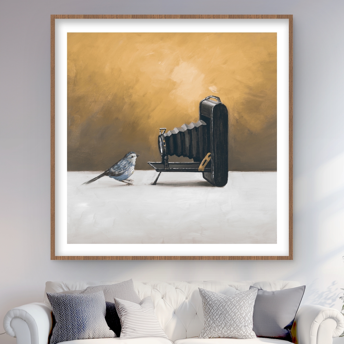 C1FM4848YFH4H9 48 x 48 in. Old Camera with Bird - Feathers Gold Framed Matted Print Wall Art