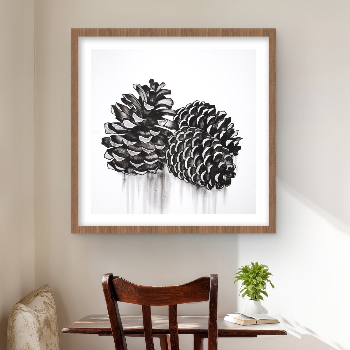 C1FM2424S8QBD5 24 x 24 in. Three Small Pine Cones - Trees Hygge Framed Matted Print Wall Art