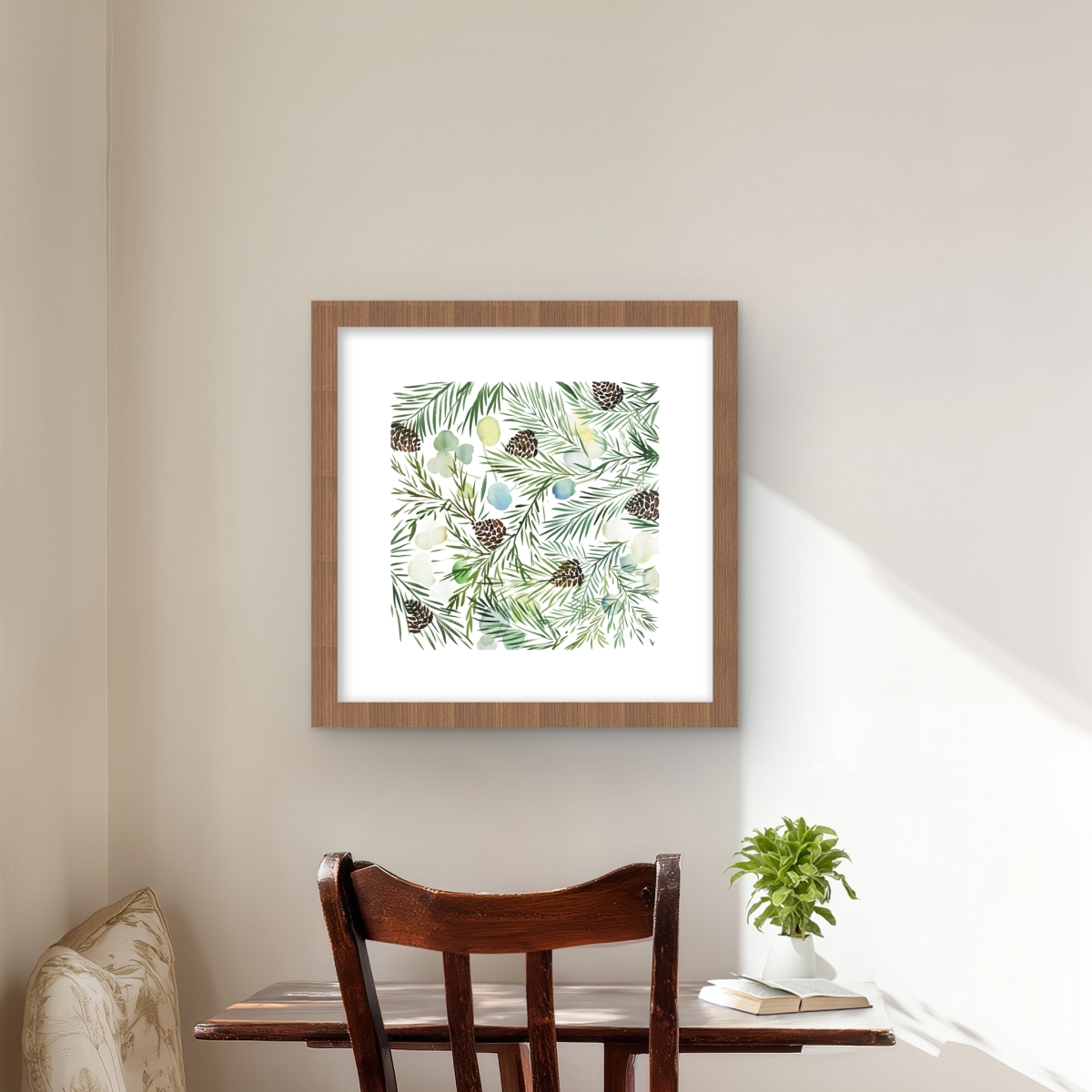 C1FM1616NK05MV 16 x 16 in. Pine Cone Pattern - Green Holidays Framed Matted Print Wall Art