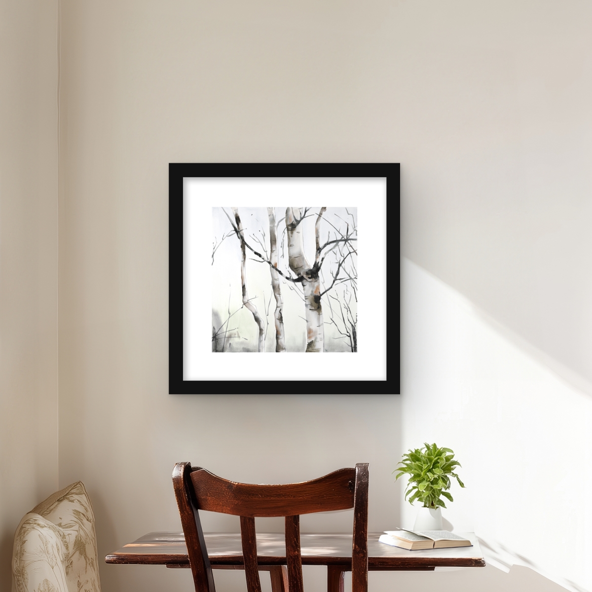 C1FM1616OGFBRE 16 x 16 in. Three Birches Trees - Framed Matted Print Wall Art - Minimalist Decor
