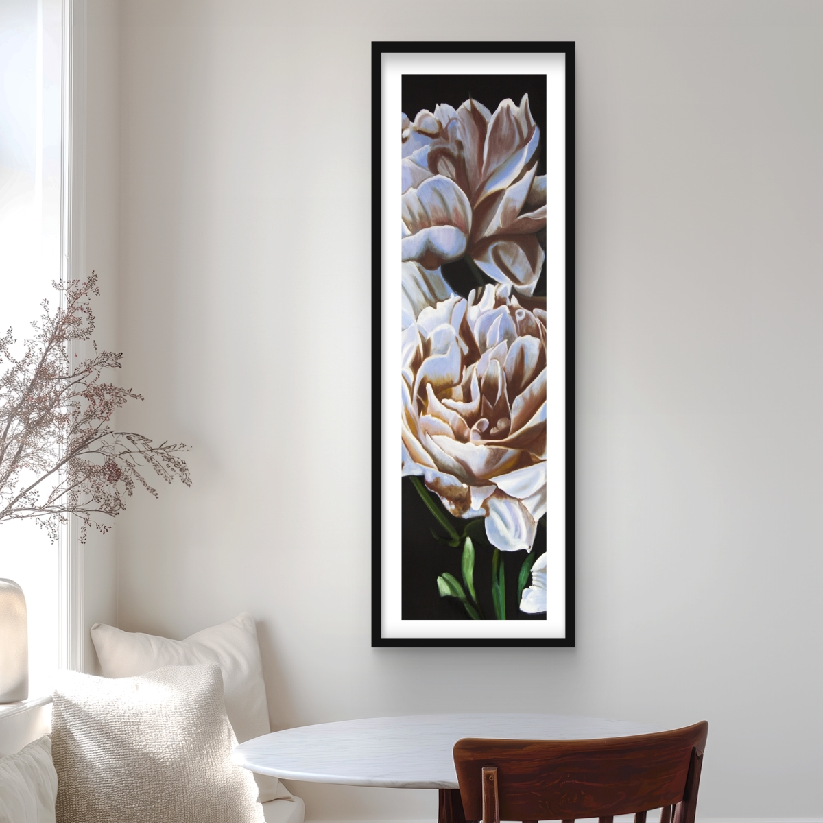 C1FM1648SD1YLM 16 x 48 in. Peonies Beige Floral Framed Matted Print Wall Art - Home Decor Art