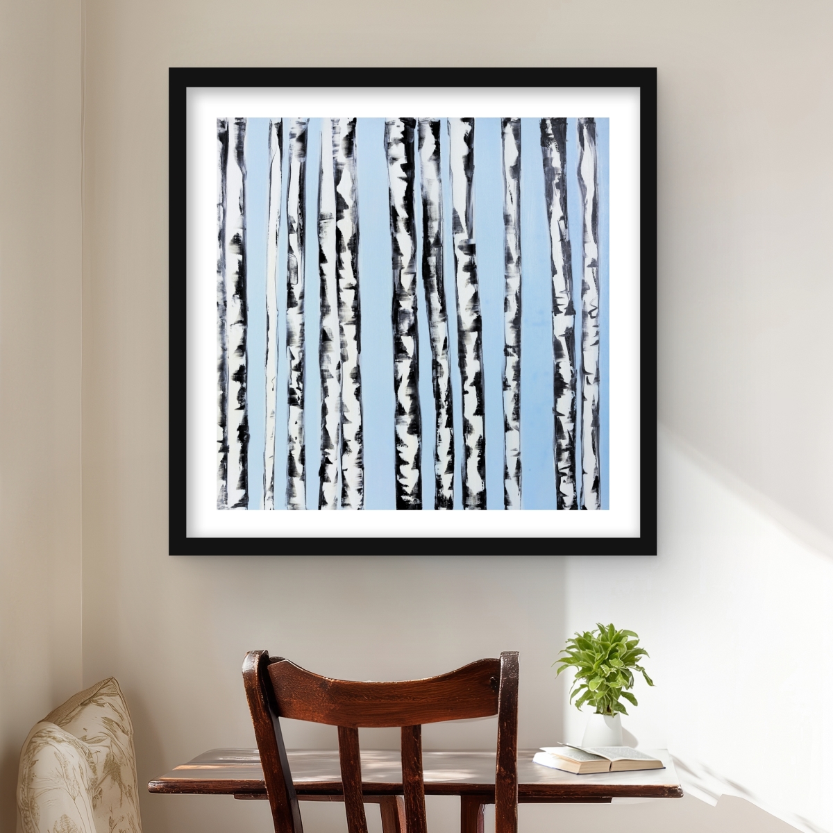 C1FM24240HDDFQ 24 x 24 in. Birches On A Blue Background - Black Framed Matted Print Wall Art