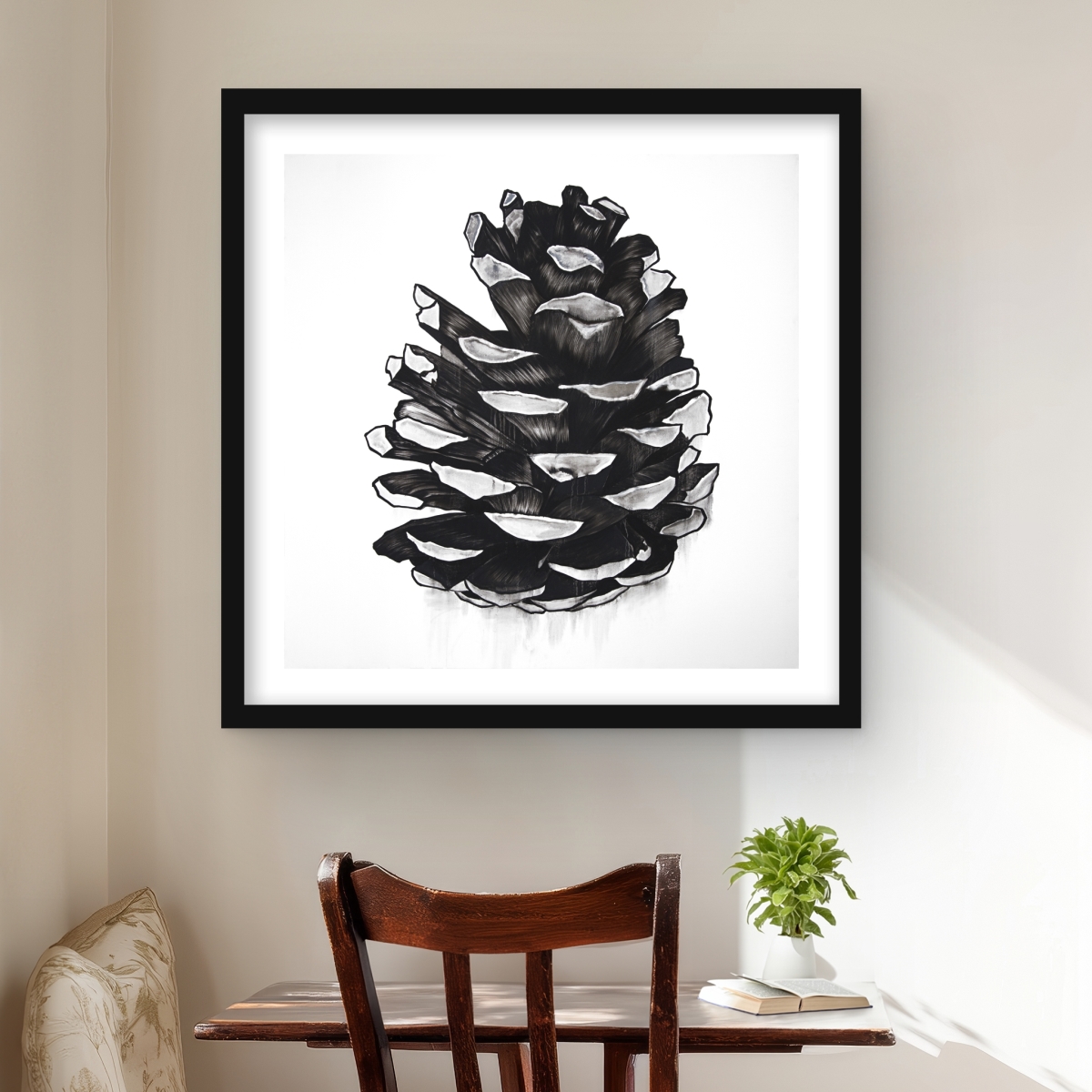 C1FM24242OLN02 24 x 24 in. Pine Cone - Black & White Framed Matted Print Wall Art for Home Decor