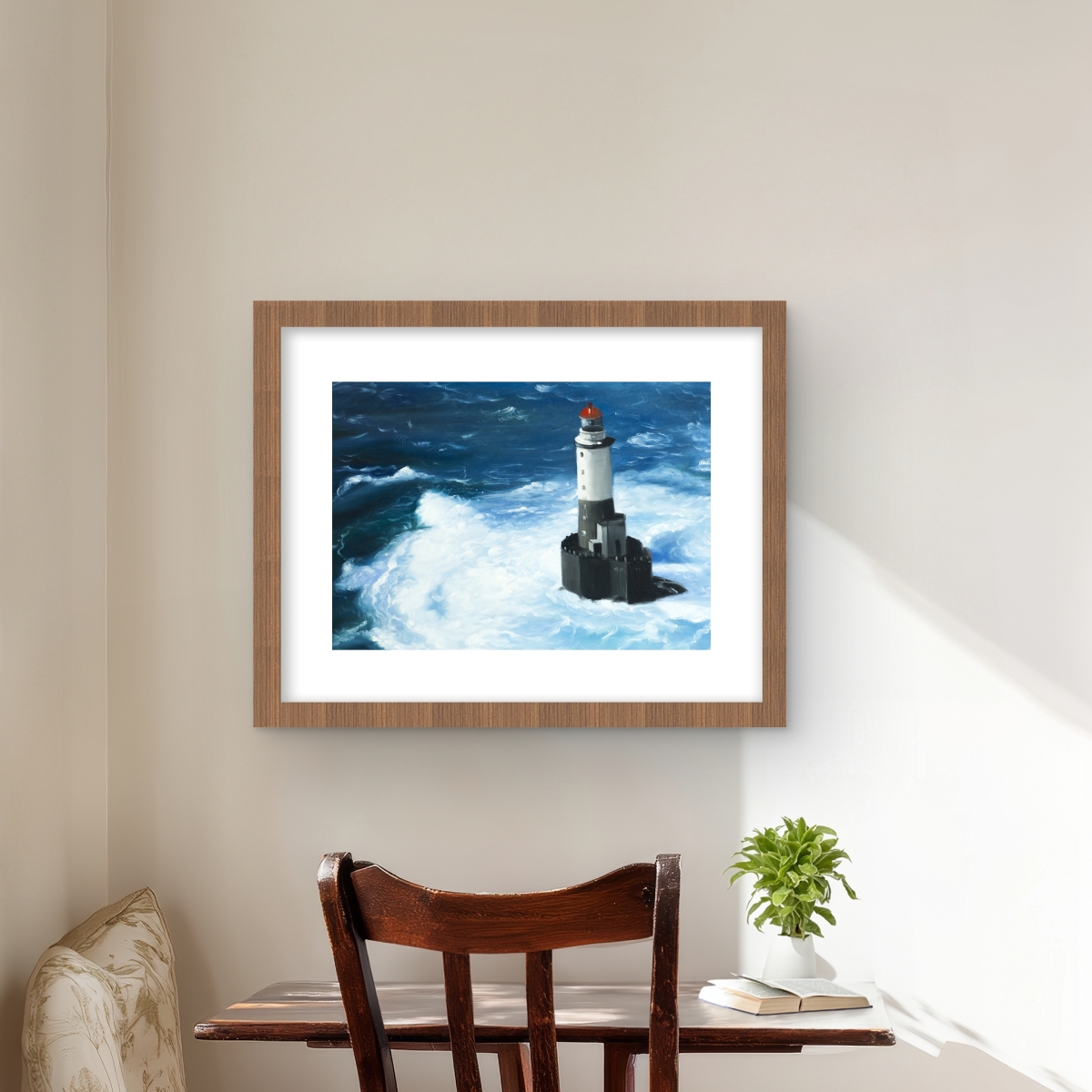 C1FM1620N96VC1 16 x 20 in. Unleashed Waves On A Lighthouse Wall Art - Framed Matted Print Decor