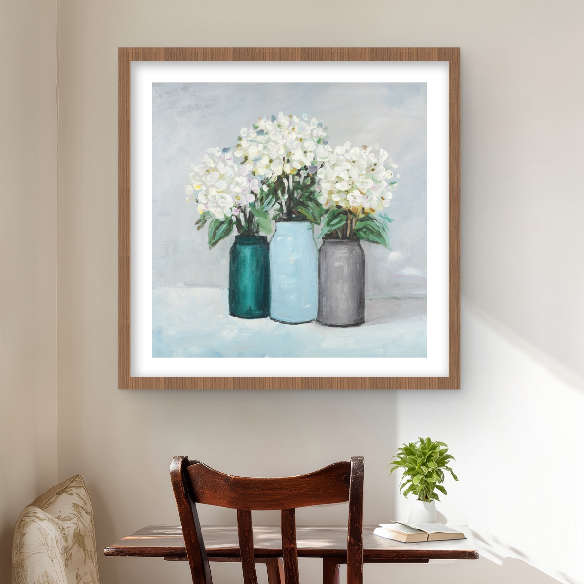 C1FM2424W4L1OQ 24 x 24 in. Hydrangea Flowers In Blue Vases Wall Art - Still Life Art Print