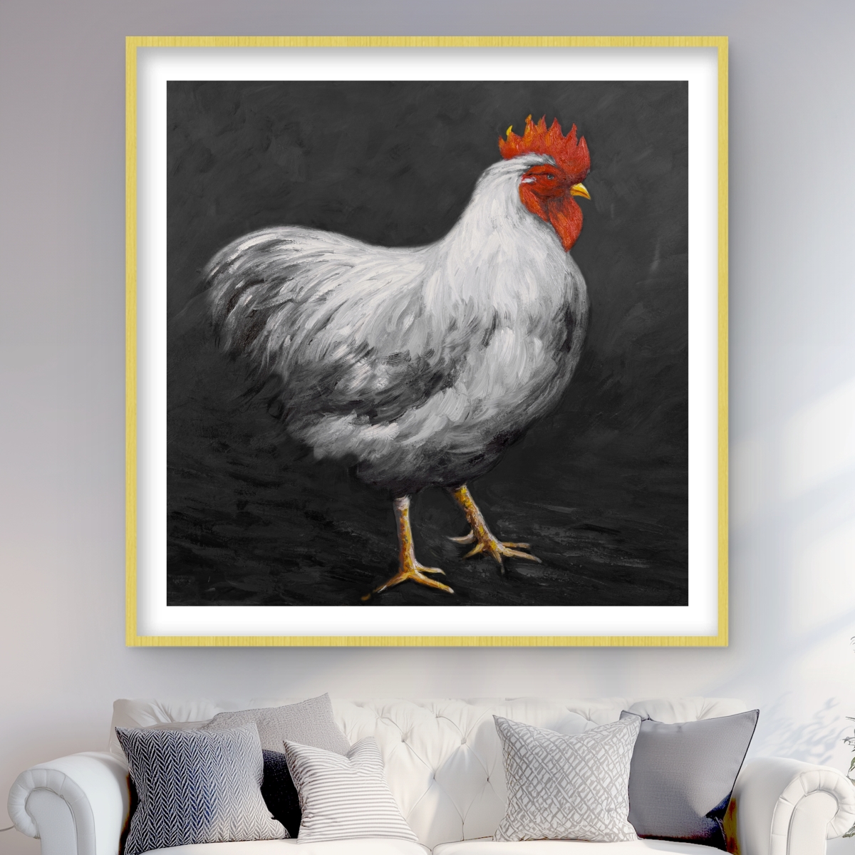 C1FM48486DOI8S 48 x 48 in. Gray Rooster 2 - Framed Matted Print Wall Art - Kitchen Animals Decor