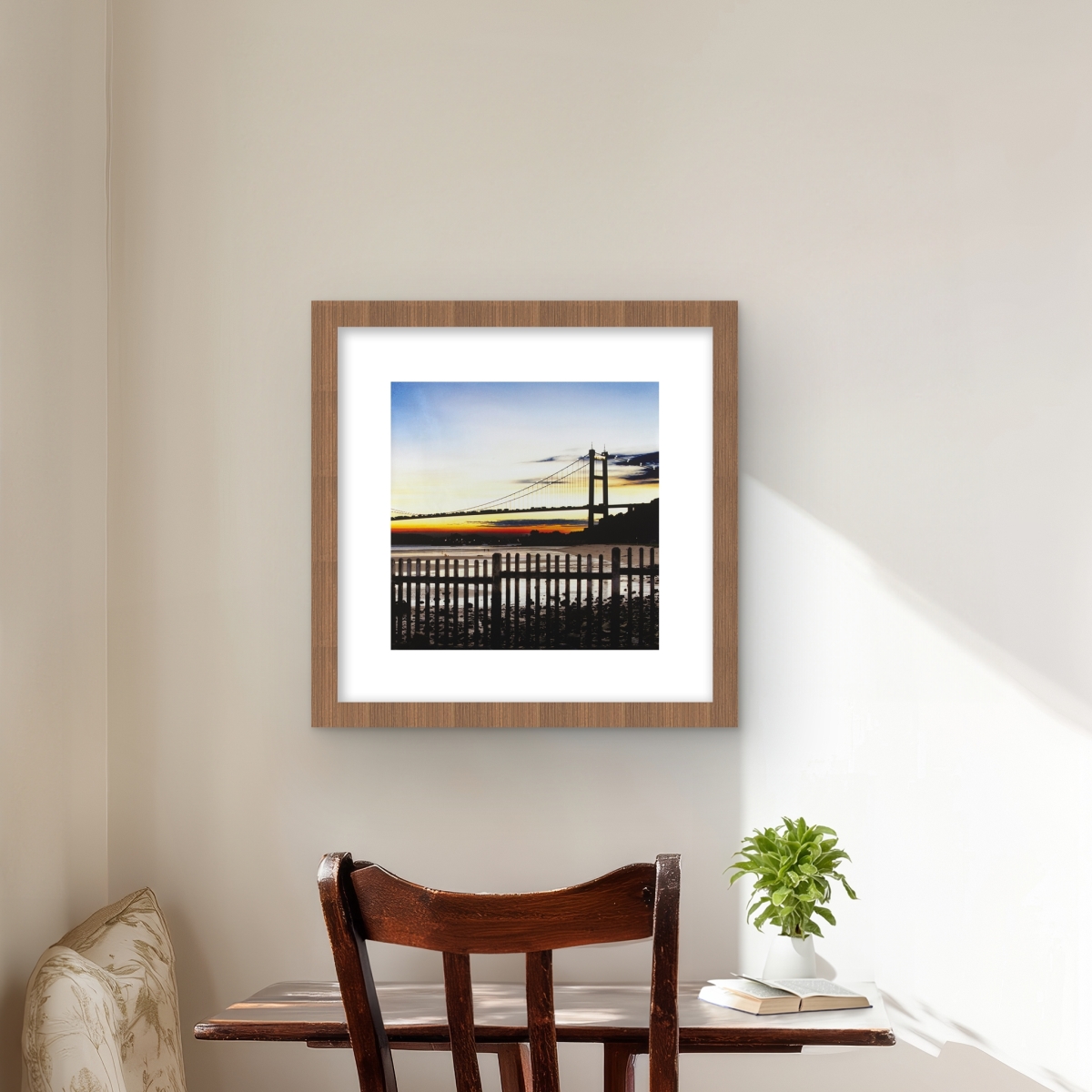 C1FM16167VY80M 16 x 16 in. Bridge by Sunset - Black Hyperrealist Framed Matted Print Wall Art