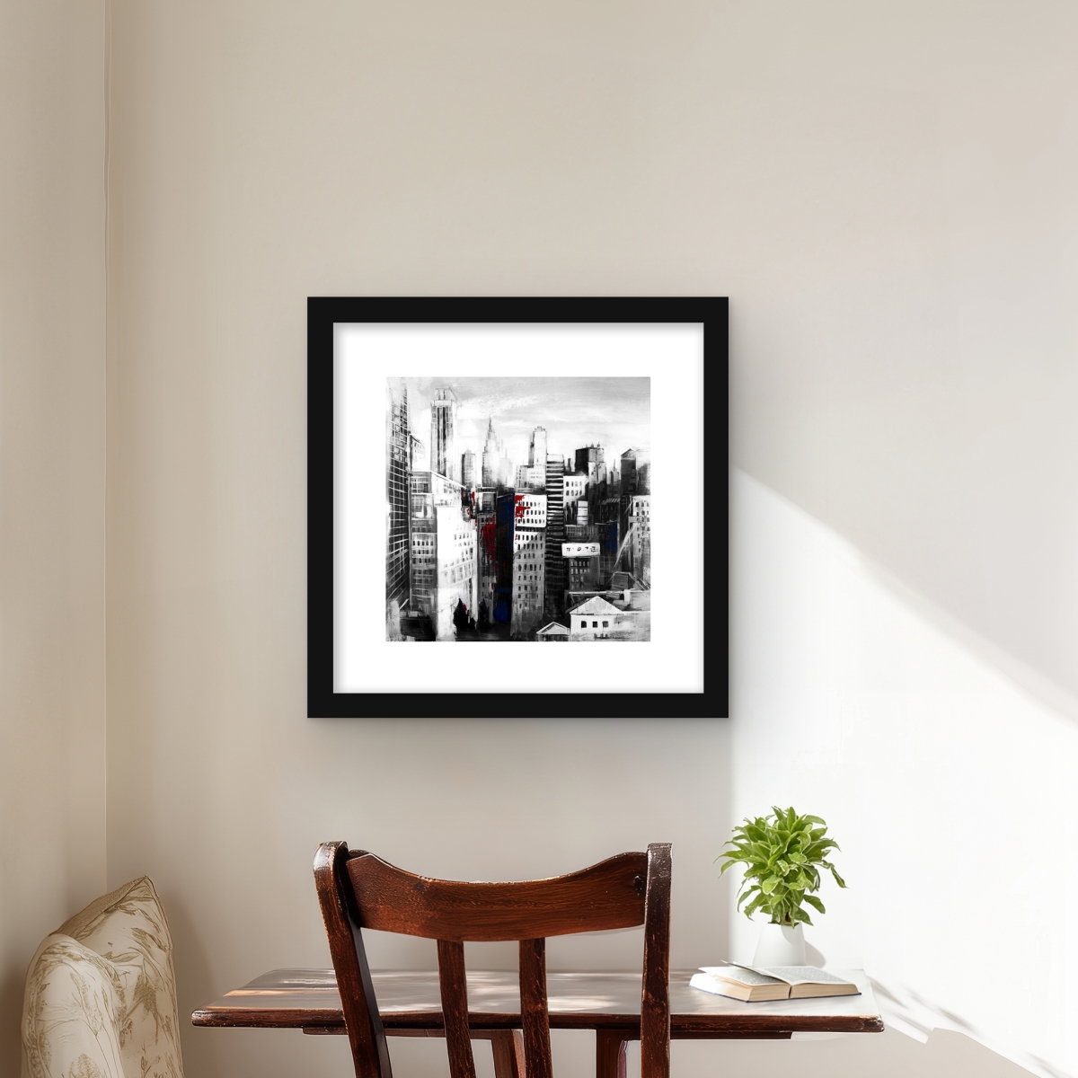 C1FM1616D6ETH5 16 x 16 in. White City with Paint Splash - Framed Matted Print Wall Art for Decor